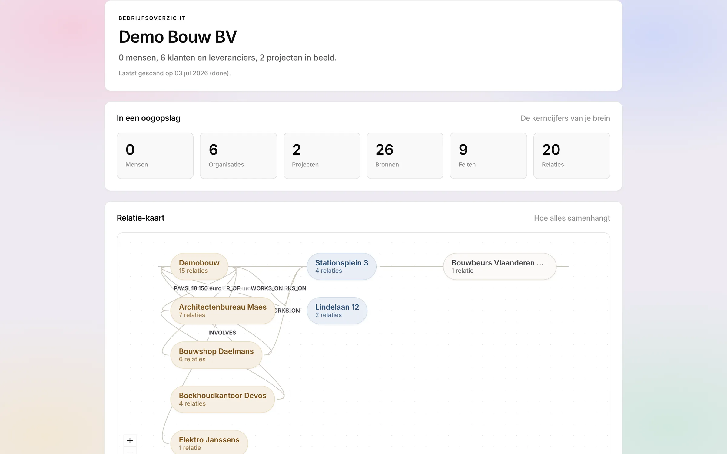 Company overview with a relationship map linking people, projects and suppliers