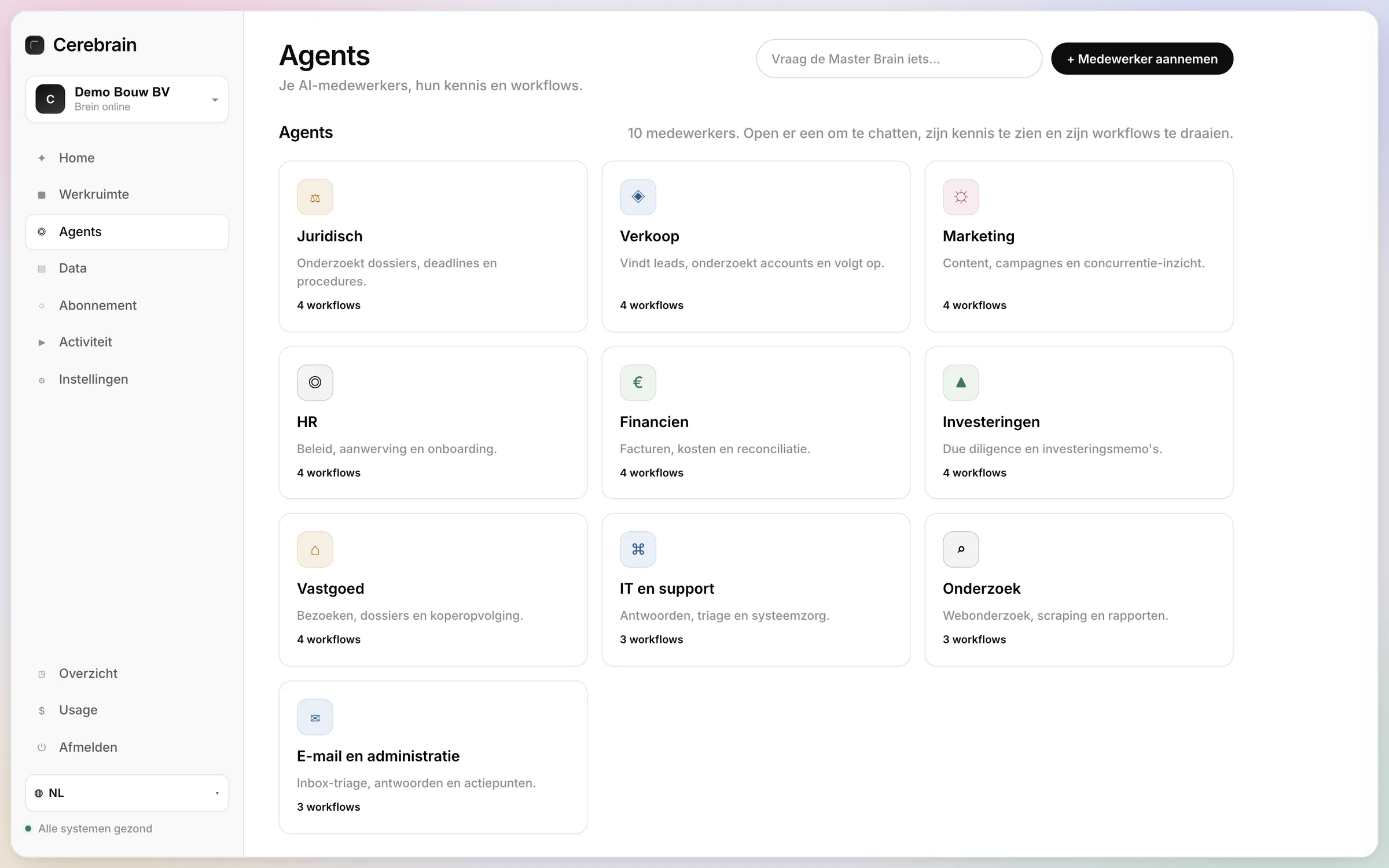Overview of Cerebrain AI employees such as Finance, Legal, Marketing and HR